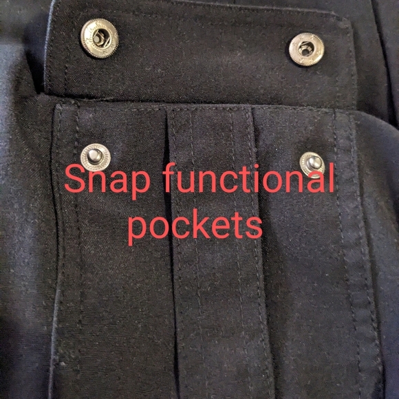 Sharagano Belted Zip Shirt Dress Safari Patch Pocket Roll Tab Sleeve Black - Picture 10 of 16